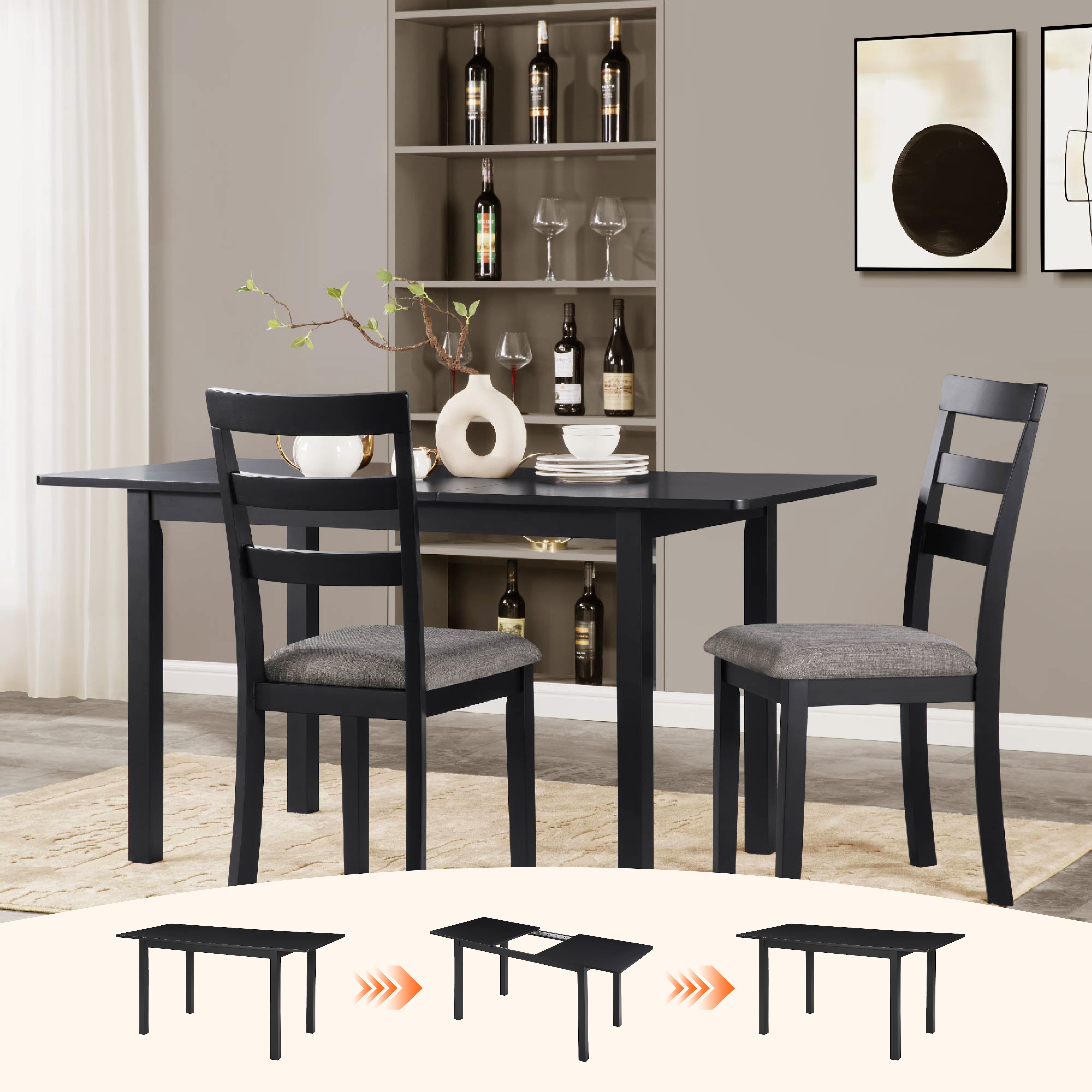 59‘’ Extendable Dining Table, Modern House Dining Room Table For 4-8, Wooden Kitchen Table , Dining Room, Working Office, Home Living Room Furniture For Small Space, Black_voghion.com